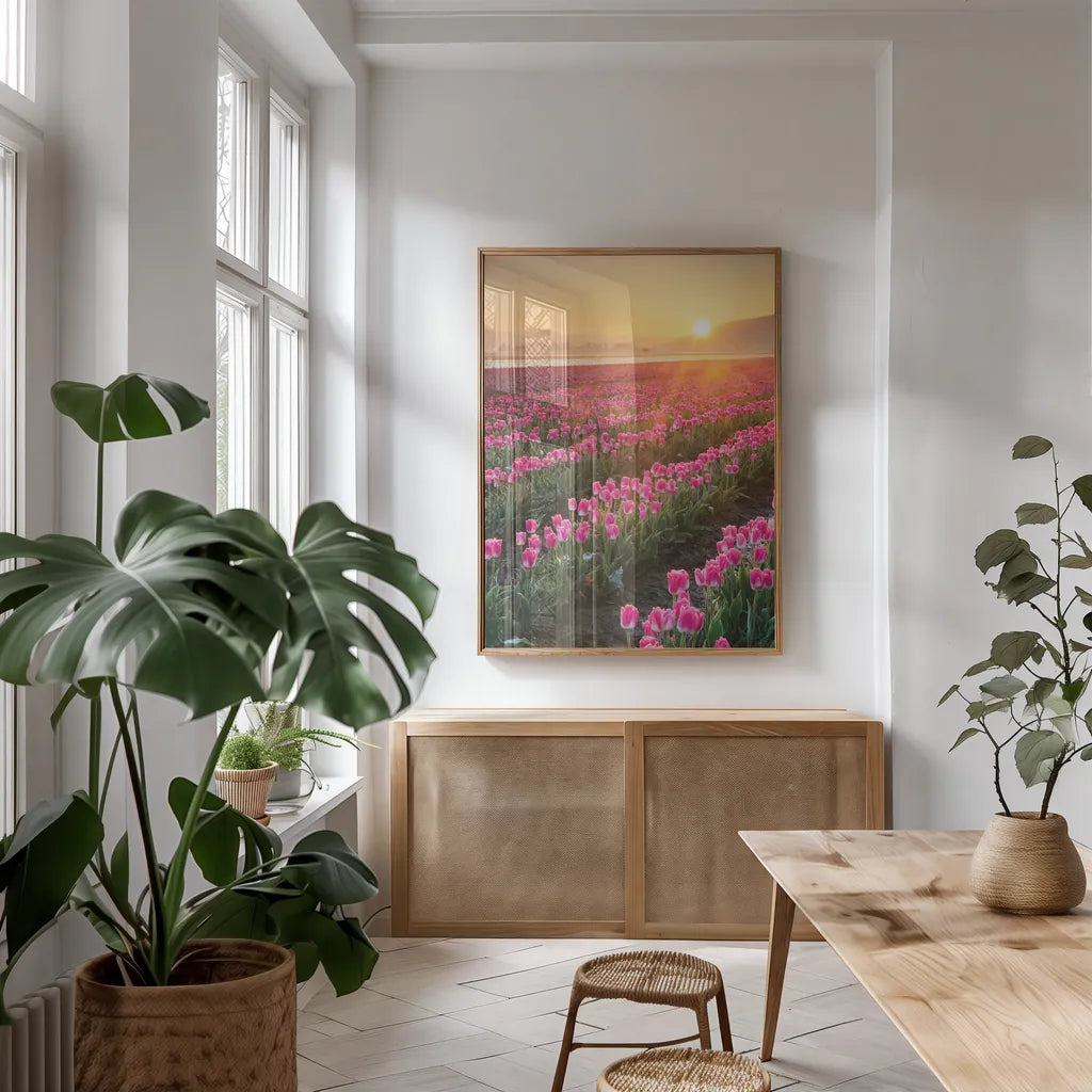Skagit Valley Tulips II by Alan Majchrowicz. shown as a print in a natural wood frame in a dining room. Available as a archival giclee rolled canvas, fine art paper, or poster print. SKU 46181h.