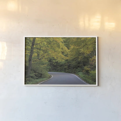 Smugglers Notch Road by Alan Majchrowicz. shown as a paper print in a white frame. Available as a archival giclee rolled canvas, fine art paper, or poster print. SKU 62467i.