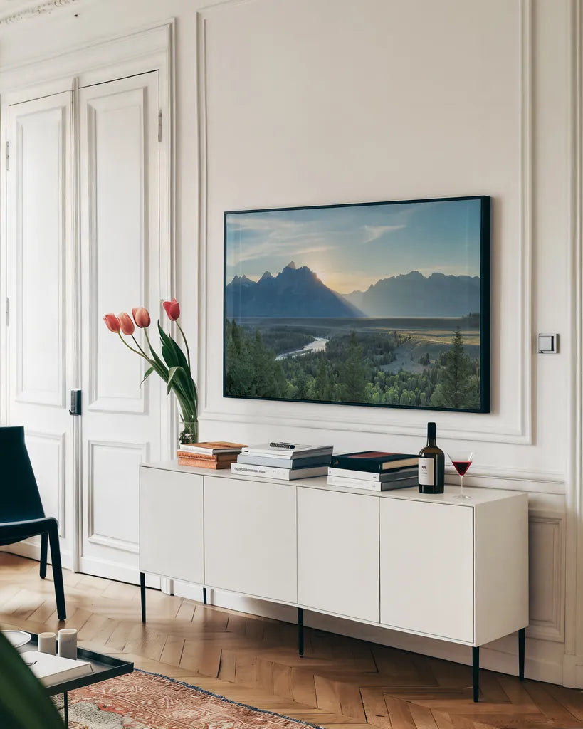 Snake River Overlook Color by Alan Majchrowicz. shown as a framed stretched canvas in a living room above a console. Available as a archival giclee rolled canvas, fine art paper, or poster print. SKU 78029i.