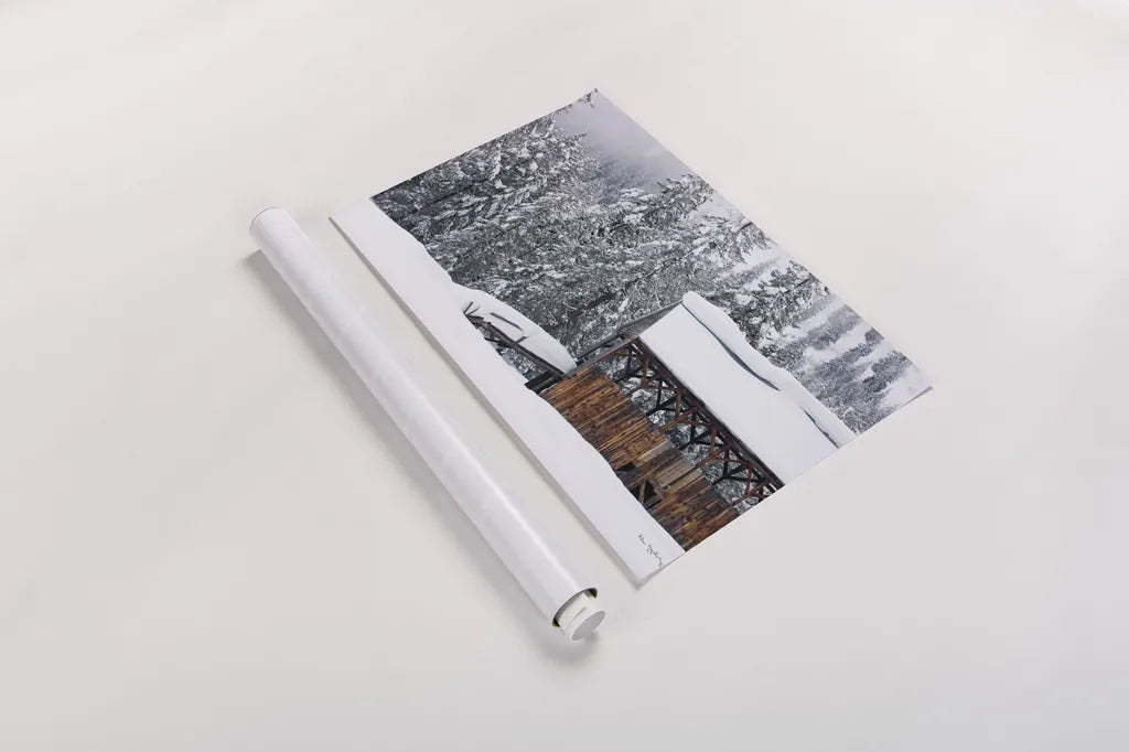 Snow Covered Barn by Alan Majchrowicz. shown as a rolled paper print. Available as archival giclee rolled canvas, fine art paper, or poster print. SKU 16154i.