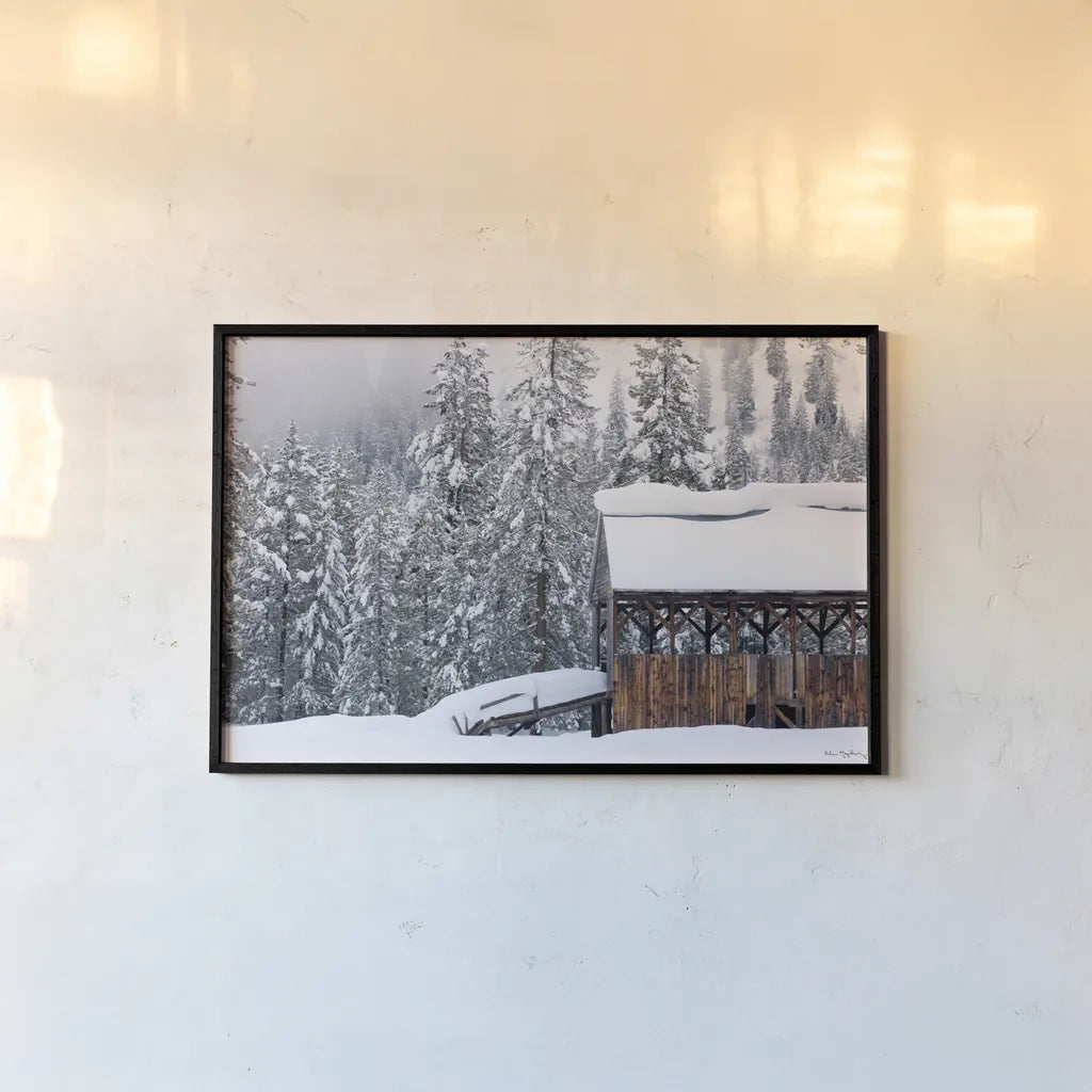 Snow Covered Barn by Alan Majchrowicz. shown as a paper print in a black flame. Available as a archival giclee rolled canvas, fine art paper, or poster print. SKU 16154i.
