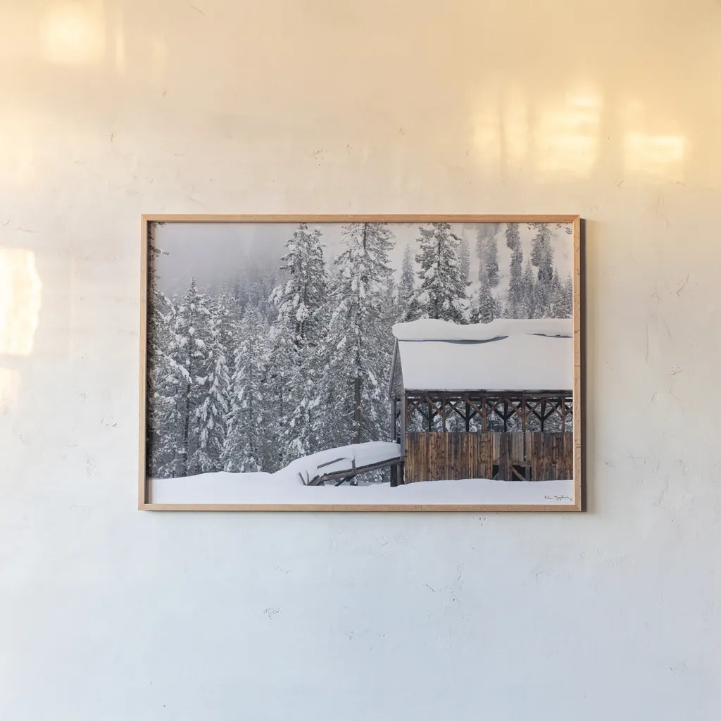 Snow Covered Barn by Alan Majchrowicz. shown as a paper print in a natural frame. Available as a archival giclee rolled canvas, fine art paper, or poster print. SKU 16154i.