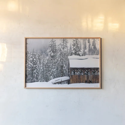 Snow Covered Barn by Alan Majchrowicz. shown as a paper print in a natural frame. Available as a archival giclee rolled canvas, fine art paper, or poster print. SKU 16154i.