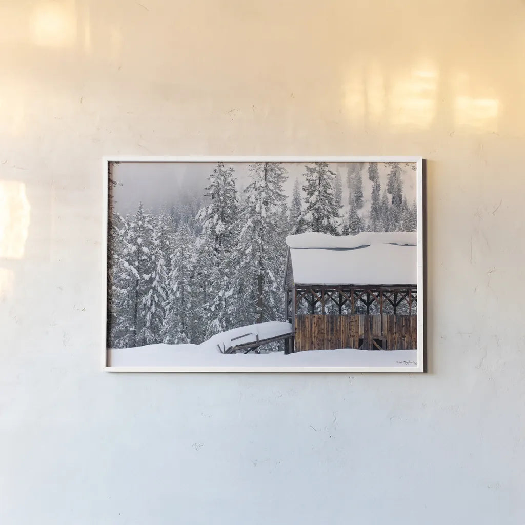Snow Covered Barn by Alan Majchrowicz. shown as a paper print in a white frame. Available as a archival giclee rolled canvas, fine art paper, or poster print. SKU 16154i.