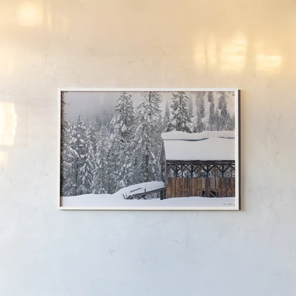 Snow Covered Barn by Alan Majchrowicz. shown as a paper print in a white frame. Available as a archival giclee rolled canvas, fine art paper, or poster print. SKU 16154i.
