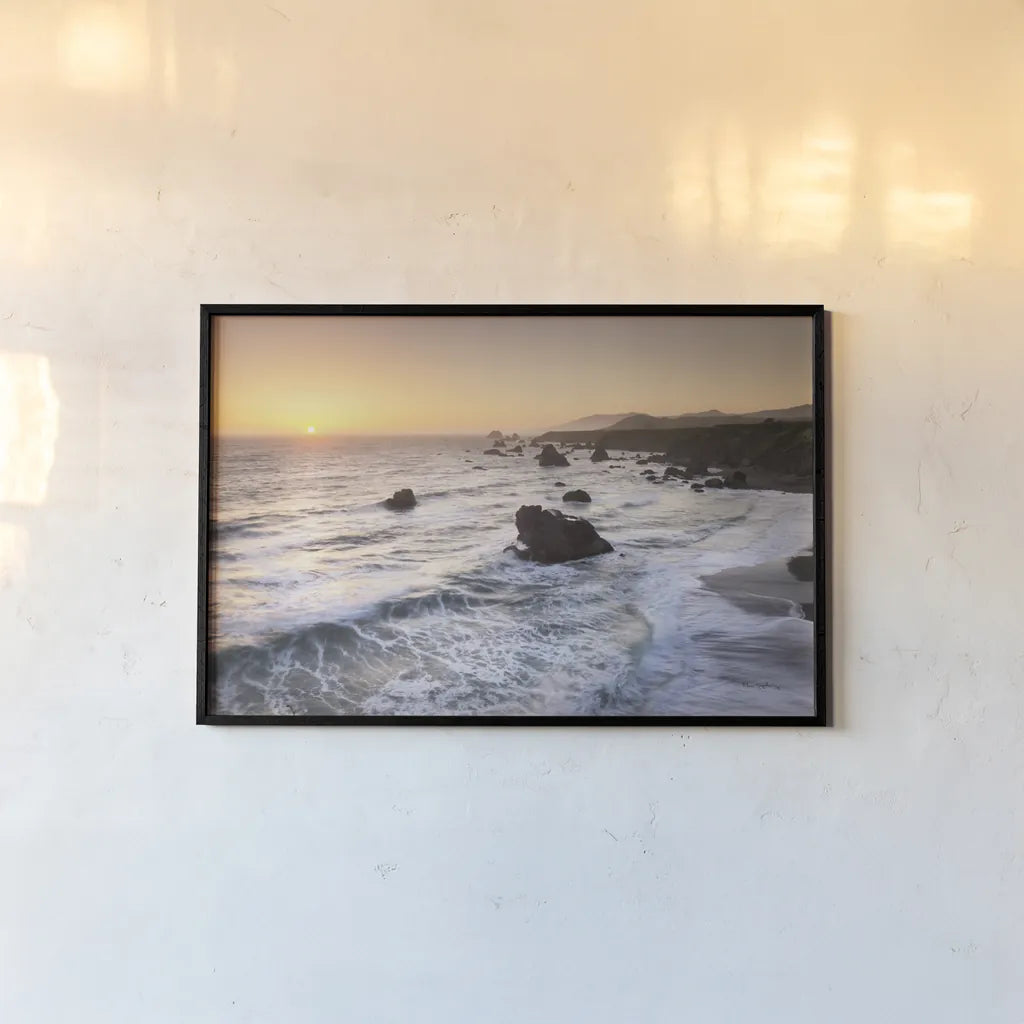 Sonoma Coast Sunset by Alan Majchrowicz. shown as a paper print in a black flame. Available as a archival giclee rolled canvas, fine art paper, or poster print. SKU 90653i.
