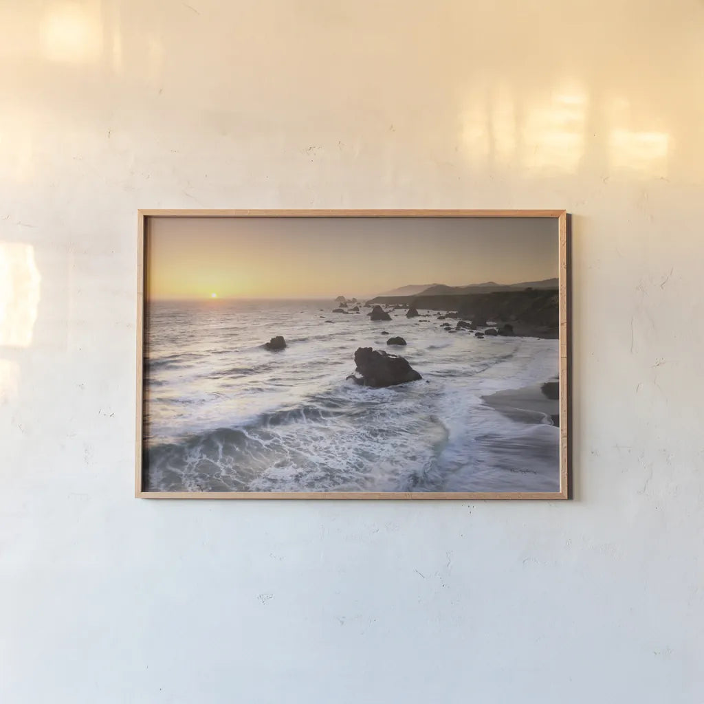 Sonoma Coast Sunset by Alan Majchrowicz. shown as a paper print in a natural frame. Available as a archival giclee rolled canvas, fine art paper, or poster print. SKU 90653i.