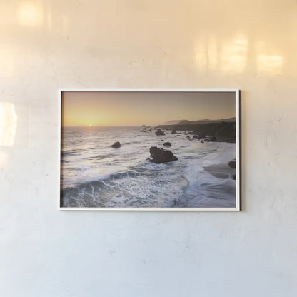 Sonoma Coast Sunset by Alan Majchrowicz. shown as a paper print in a white frame. Available as a archival giclee rolled canvas, fine art paper, or poster print. SKU 90653i.