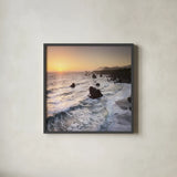 Sonoma Coast Sunset Square by Alan Majchrowicz. Shown in a sleek black glass frame for a contemporary gallery look. Available as an archival giclee rolled canvas, fine art paper, or poster print. SKU 95069a.