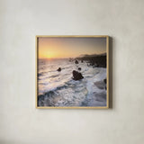 Sonoma Coast Sunset Square by Alan Majchrowicz. Shown in a natural wood glass frame for a timeless modern aesthetic. Available as an archival giclee rolled canvas, fine art paper, or poster print. SKU 95069a.