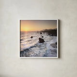 Sonoma Coast Sunset Square by Alan Majchrowicz. Shown in a crisp white glass frame for a clean and minimalist style. Available as an archival giclee rolled canvas, fine art paper, or poster print. SKU 95069a.