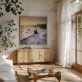 Sonoma Coast Sunset Square by Alan Majchrowicz. Shown in a natural wood frame in a cozy modern living room. Available as an archival giclee rolled canvas, fine art paper, or poster print. SKU 95069a.
