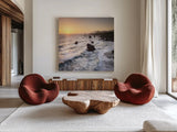 Sonoma Coast Sunset Square by Alan Majchrowicz. Shown as extra-large giant wall art in a modern living room. Available as an archival giclee rolled canvas, fine art paper, or poster print. SKU 95069a.