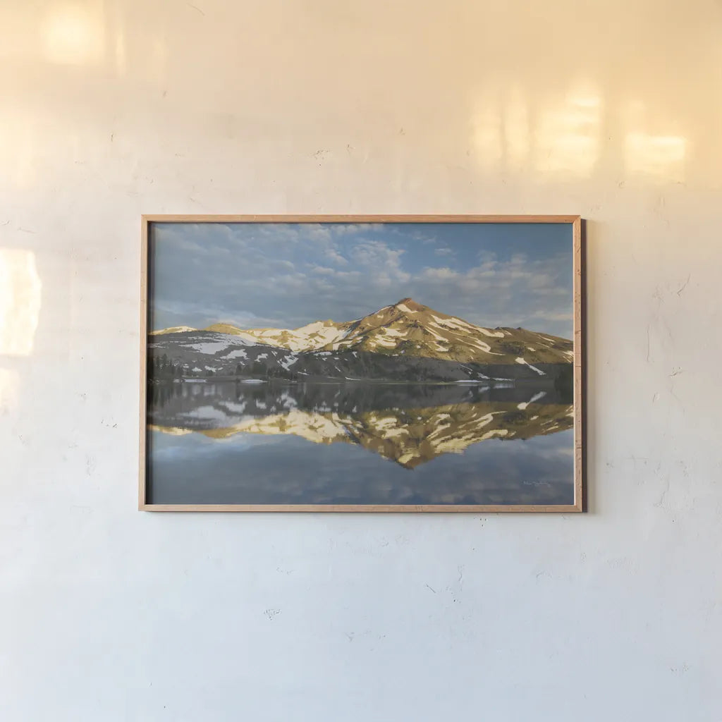 South Sister Reflection I by Alan Majchrowicz. shown as a paper print in a natural frame. Available as a archival giclee rolled canvas, fine art paper, or poster print. SKU 28096i.