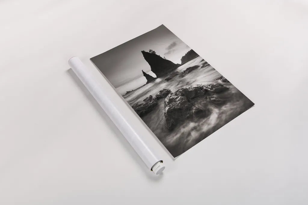 Split Rock Rialto Beach by Alan Majchrowicz. shown as a rolled paper print. Available as archival giclee rolled canvas, fine art paper, or poster print. SKU 64548h.