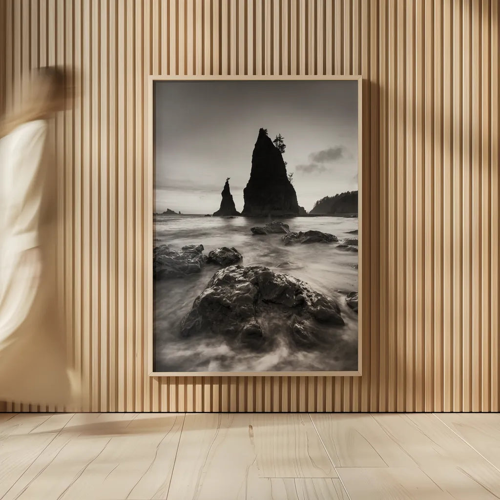 Split Rock Rialto Beach by Alan Majchrowicz. shown as over sized large wall art. Available as an archival giclee rolled canvas, fine art paper, or poster print. SKU 64548h.