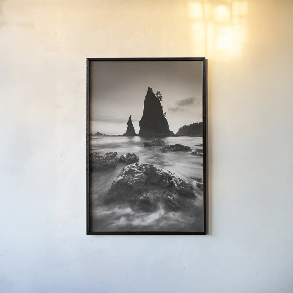 Split Rock Rialto Beach by Alan Majchrowicz. shown as a paper print in a black flame. Available as a archival giclee rolled canvas, fine art paper, or poster print. SKU 64548h.