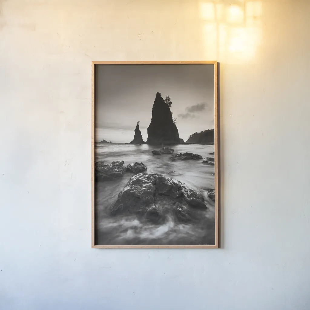 Split Rock Rialto Beach by Alan Majchrowicz. shown as a paper print in a natural frame. Available as a archival giclee rolled canvas, fine art paper, or poster print. SKU 64548h.