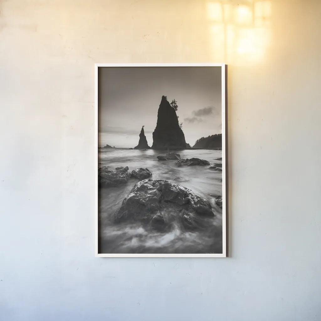 Split Rock Rialto Beach by Alan Majchrowicz. shown as a paper print in a white frame. Available as a archival giclee rolled canvas, fine art paper, or poster print. SKU 64548h.
