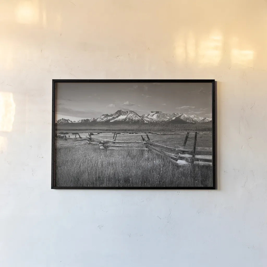 Stanley Basin Fence by Alan Majchrowicz. shown as a paper print in a black flame. Available as a archival giclee rolled canvas, fine art paper, or poster print. SKU 64562i.