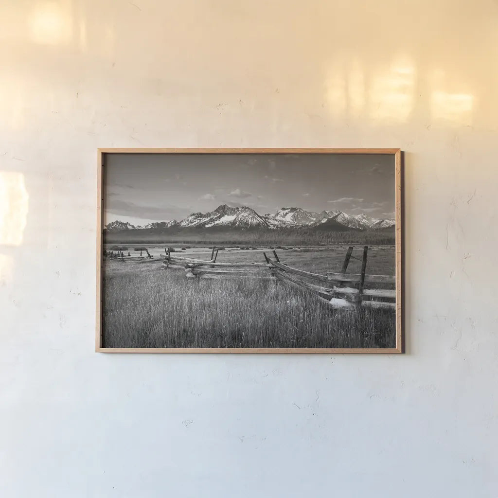 Stanley Basin Fence by Alan Majchrowicz. shown as a paper print in a natural frame. Available as a archival giclee rolled canvas, fine art paper, or poster print. SKU 64562i.