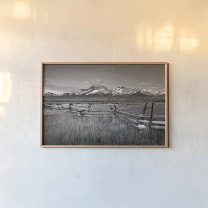 Stanley Basin Fence by Alan Majchrowicz. shown as a paper print in a natural frame. Available as a archival giclee rolled canvas, fine art paper, or poster print. SKU 64562i.