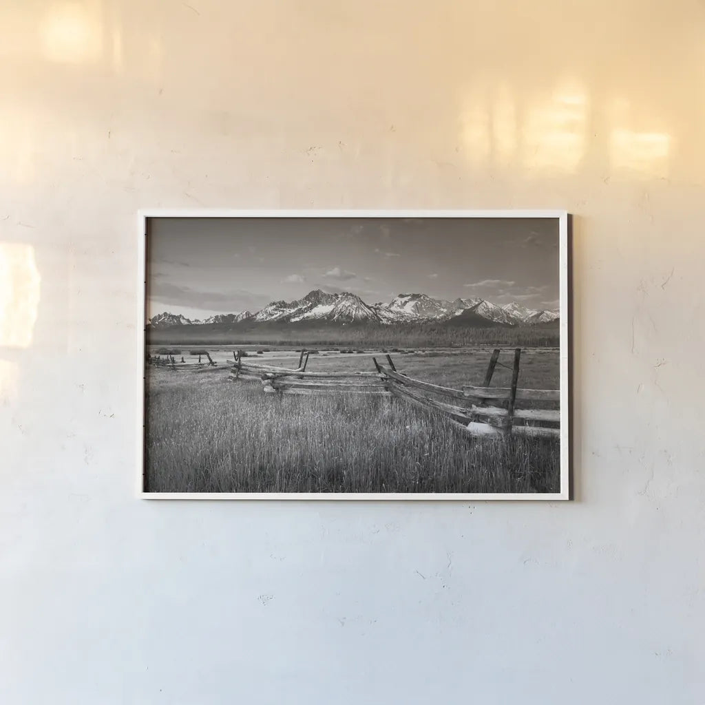 Stanley Basin Fence by Alan Majchrowicz. shown as a paper print in a white frame. Available as a archival giclee rolled canvas, fine art paper, or poster print. SKU 64562i.