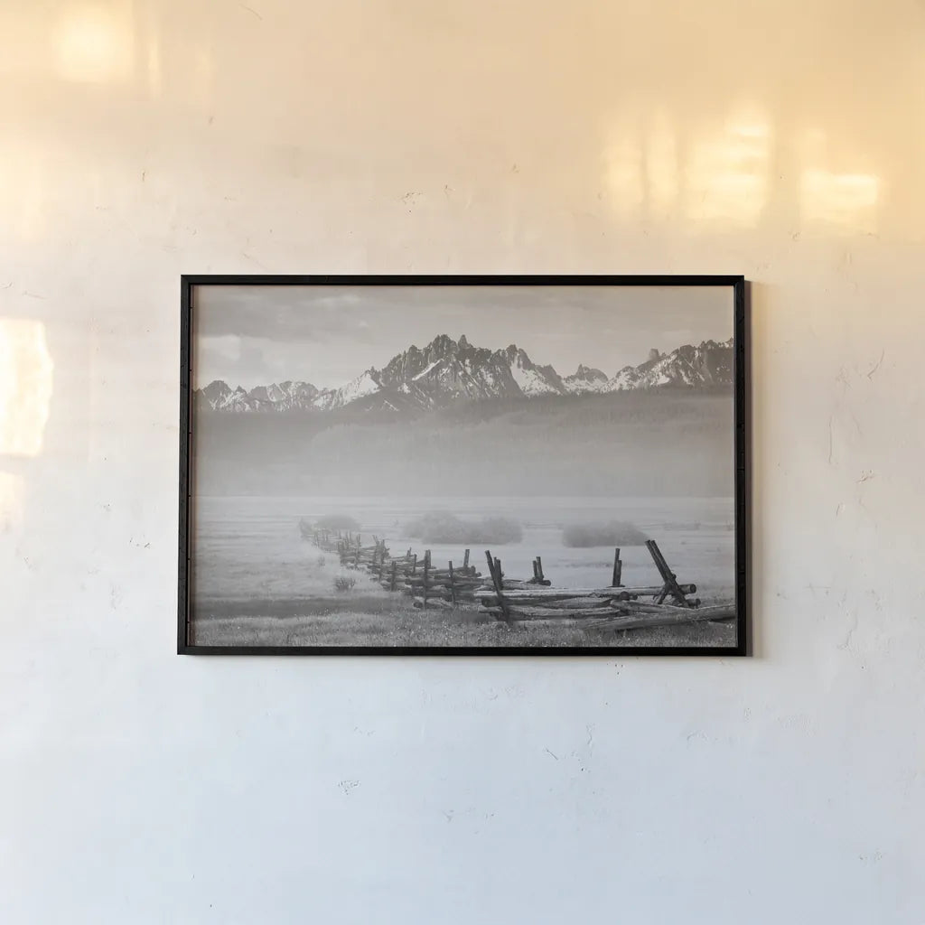 Stanley Basin Fence and Fog by Alan Majchrowicz. shown as a paper print in a black flame. Available as a archival giclee rolled canvas, fine art paper, or poster print. SKU 64561i.