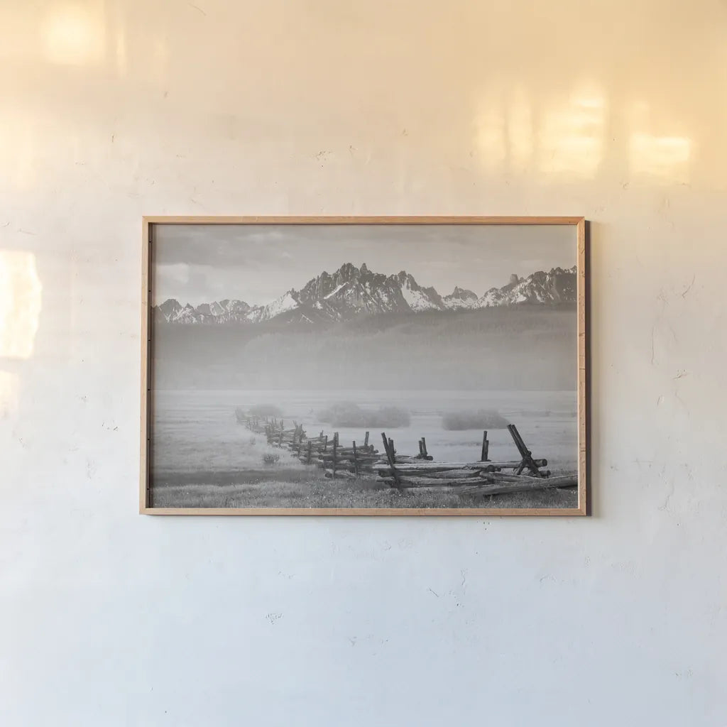 Stanley Basin Fence and Fog by Alan Majchrowicz. shown as a paper print in a natural frame. Available as a archival giclee rolled canvas, fine art paper, or poster print. SKU 64561i.