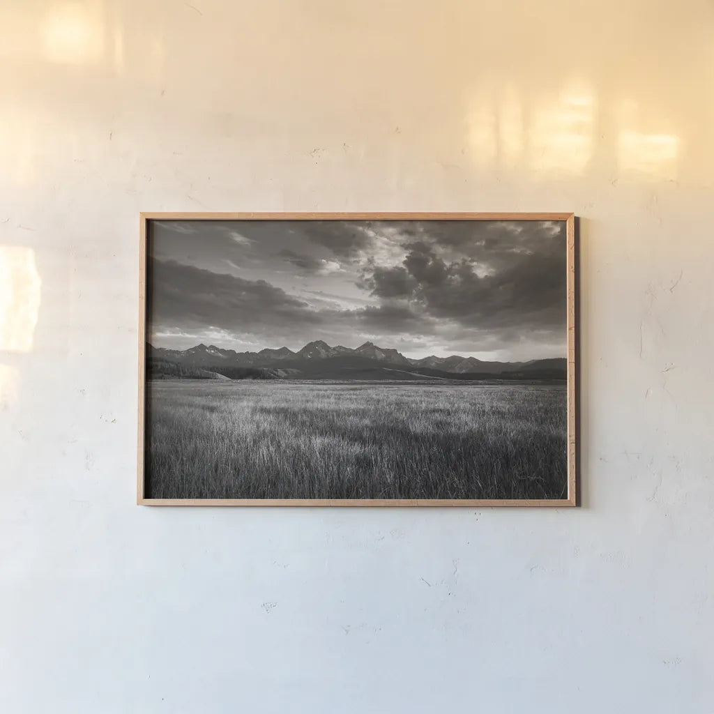 Stanley Basin Sawtooth Mountains Idaho by Alan Majchrowicz. shown as a paper print in a natural frame. Available as a archival giclee rolled canvas, fine art paper, or poster print. SKU 64560i.