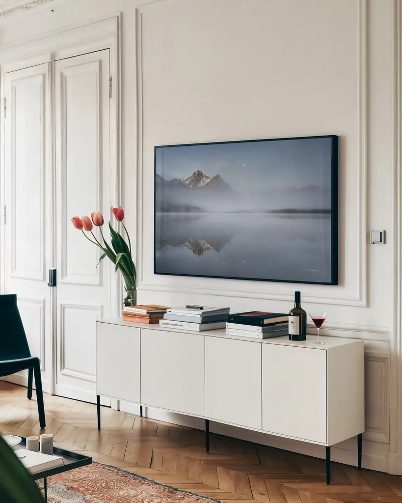 Stanley Lake Idaho by Alan Majchrowicz. shown as a framed stretched canvas in a living room above a console. Available as a archival giclee rolled canvas, fine art paper, or poster print. SKU 71680i.