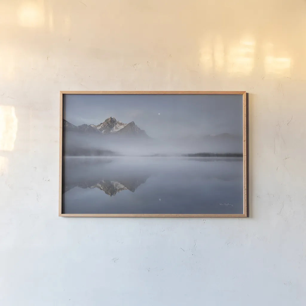 Stanley Lake Idaho by Alan Majchrowicz. shown as a paper print in a natural frame. Available as a archival giclee rolled canvas, fine art paper, or poster print. SKU 71680i.