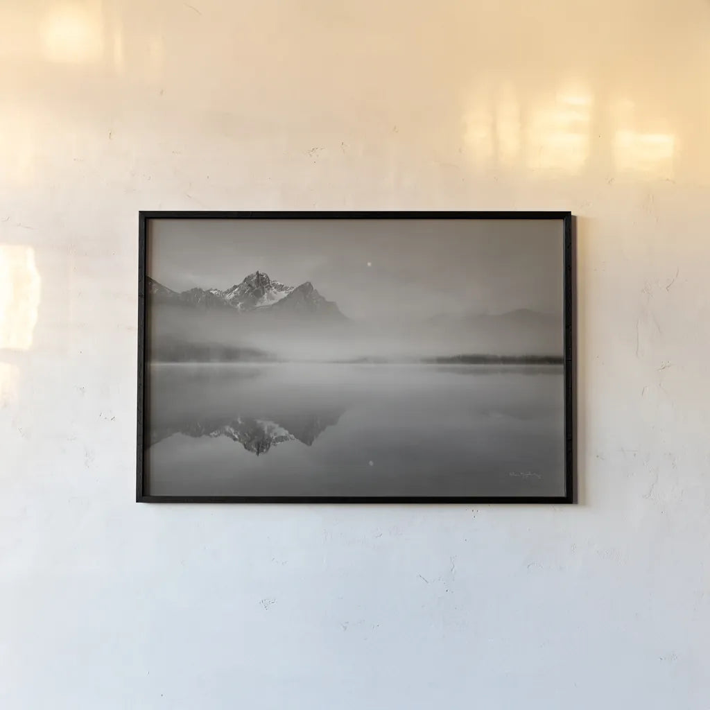 Stanley Lake Idaho BW by Alan Majchrowicz. shown as a paper print in a black flame. Available as a archival giclee rolled canvas, fine art paper, or poster print. SKU 81457i.
