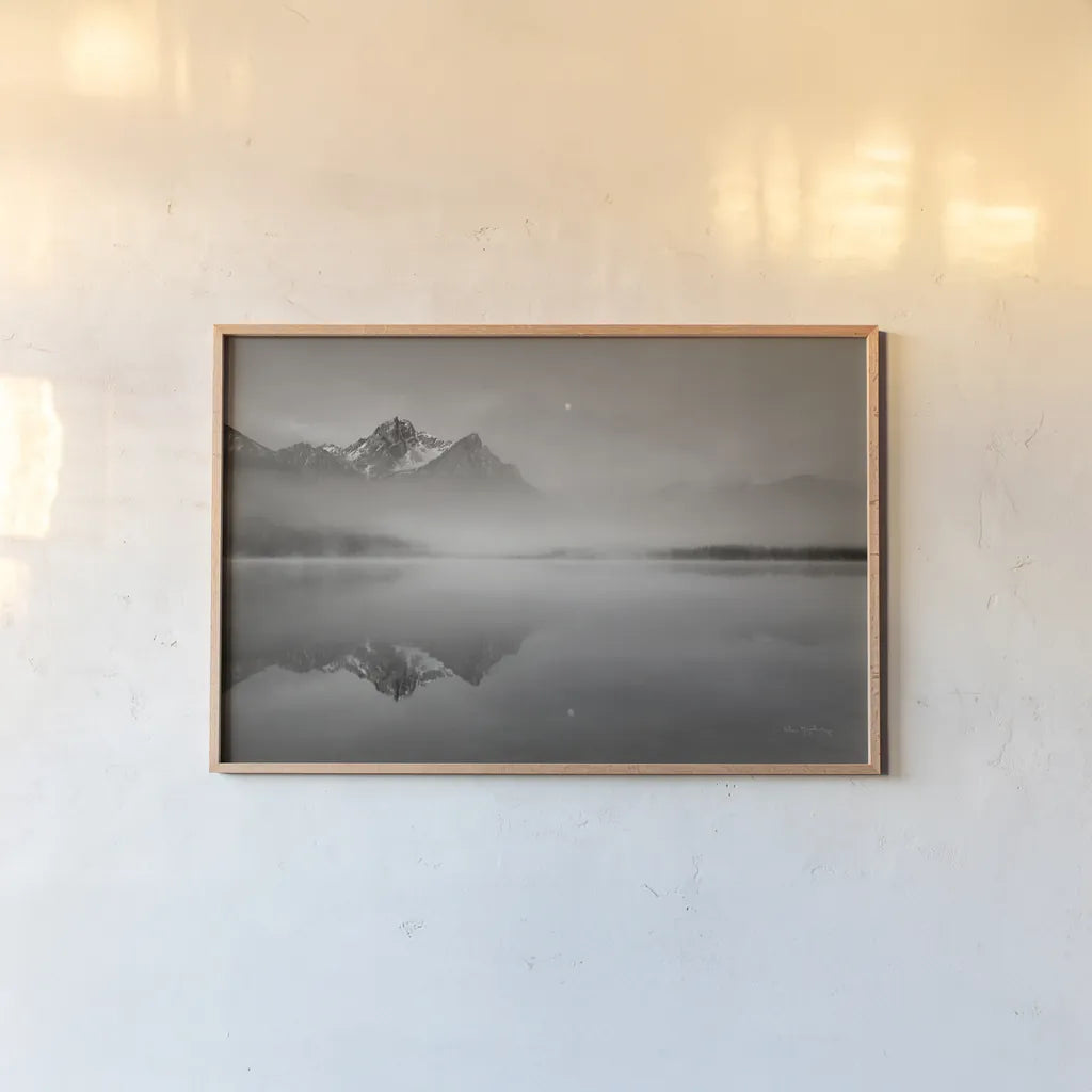 Stanley Lake Idaho BW by Alan Majchrowicz. shown as a paper print in a natural frame. Available as a archival giclee rolled canvas, fine art paper, or poster print. SKU 81457i.