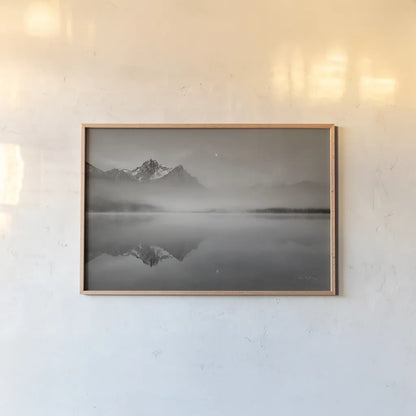 Stanley Lake Idaho BW by Alan Majchrowicz. shown as a paper print in a natural frame. Available as a archival giclee rolled canvas, fine art paper, or poster print. SKU 81457i.