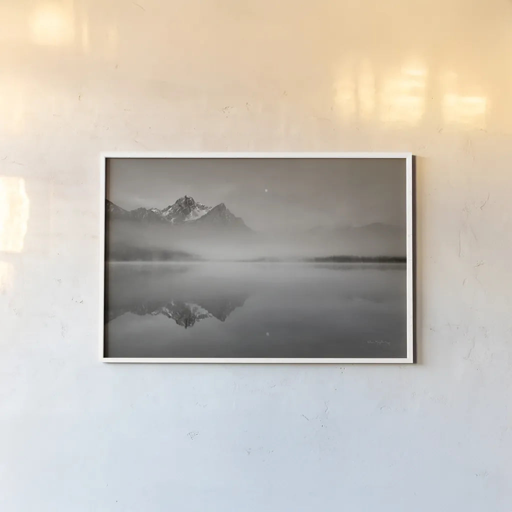 Stanley Lake Idaho BW by Alan Majchrowicz. shown as a paper print in a white frame. Available as a archival giclee rolled canvas, fine art paper, or poster print. SKU 81457i.