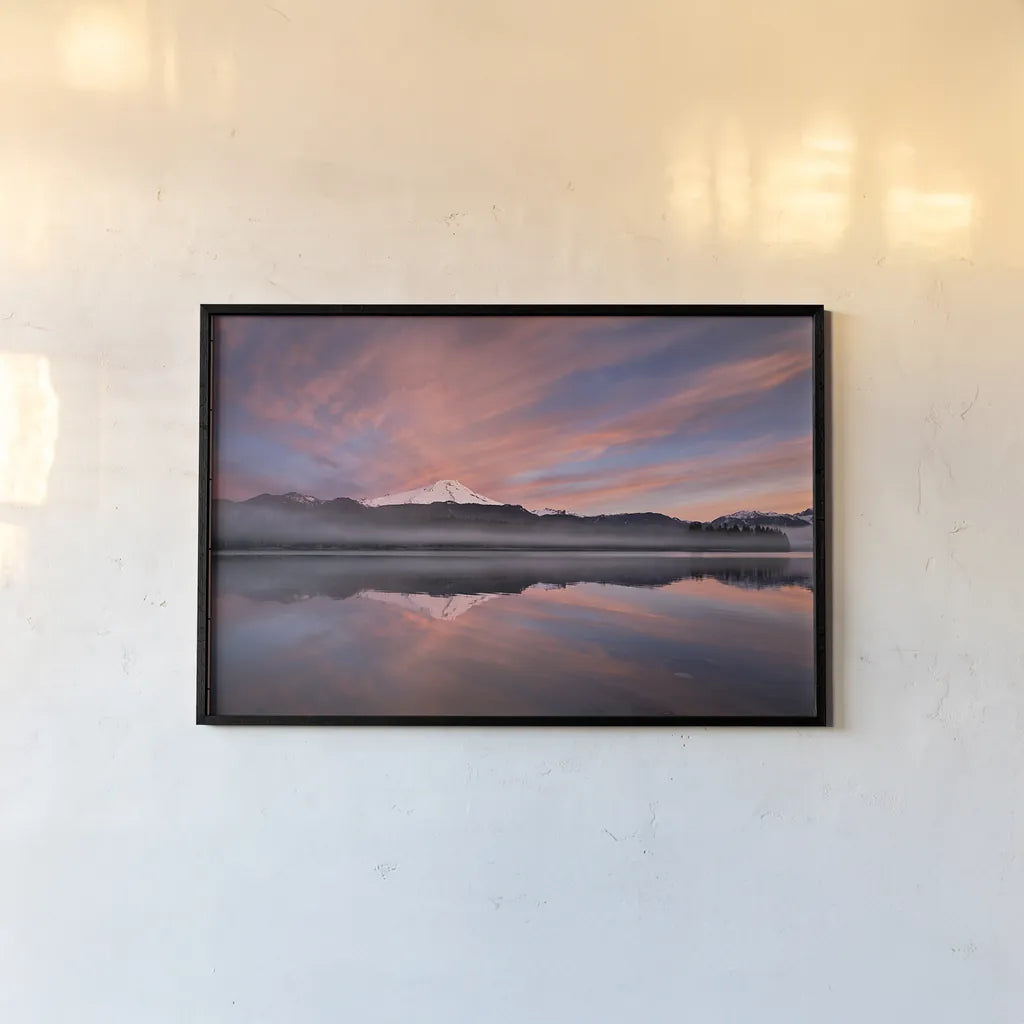 Sunrise Over Mount Baker by Alan Majchrowicz. shown as a paper print in a black flame. Available as a archival giclee rolled canvas, fine art paper, or poster print. SKU 28090i.