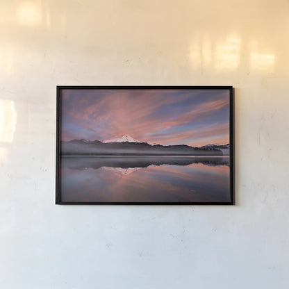 Sunrise Over Mount Baker by Alan Majchrowicz. shown as a paper print in a black flame. Available as a archival giclee rolled canvas, fine art paper, or poster print. SKU 28090i.