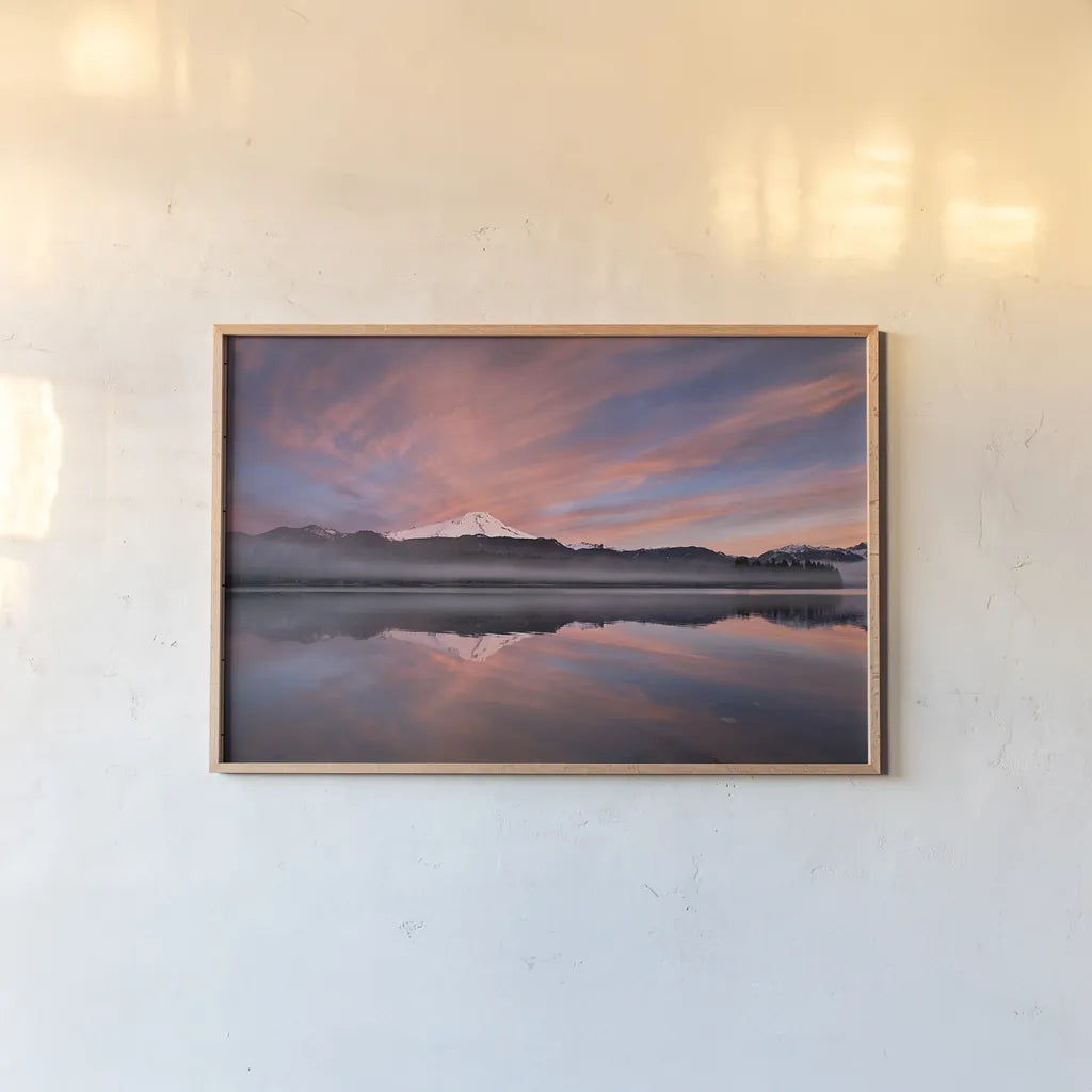 Sunrise Over Mount Baker by Alan Majchrowicz. shown as a paper print in a natural frame. Available as a archival giclee rolled canvas, fine art paper, or poster print. SKU 28090i.