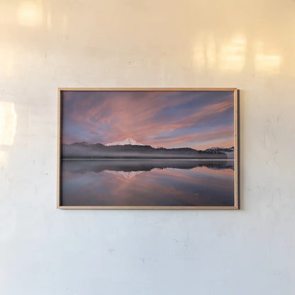 Sunrise Over Mount Baker by Alan Majchrowicz. shown as a paper print in a natural frame. Available as a archival giclee rolled canvas, fine art paper, or poster print. SKU 28090i.