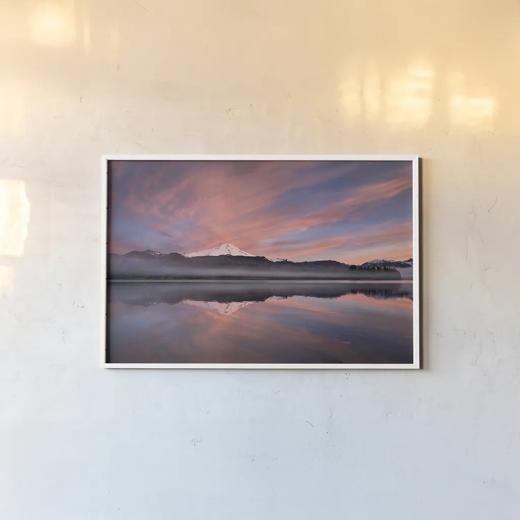 Sunrise Over Mount Baker by Alan Majchrowicz. shown as a paper print in a white frame. Available as a archival giclee rolled canvas, fine art paper, or poster print. SKU 28090i.