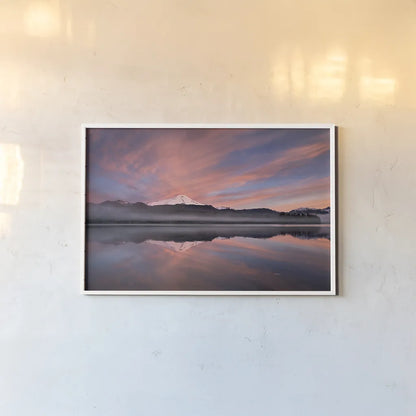 Sunrise Over Mount Baker by Alan Majchrowicz. shown as a paper print in a white frame. Available as a archival giclee rolled canvas, fine art paper, or poster print. SKU 28090i.