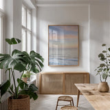 Sunset on Redwoods Coast II by Alan Majchrowicz. shown as a print in a natural wood frame in a dining room. Available as a archival giclee rolled canvas, fine art paper, or poster print. SKU 43904h.