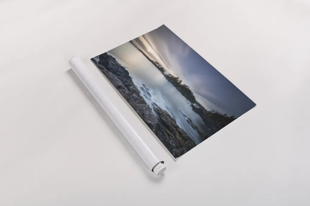 Sunset on Vancouver Island by Alan Majchrowicz. shown as a rolled paper print. Available as archival giclee rolled canvas, fine art paper, or poster print. SKU 86353i.