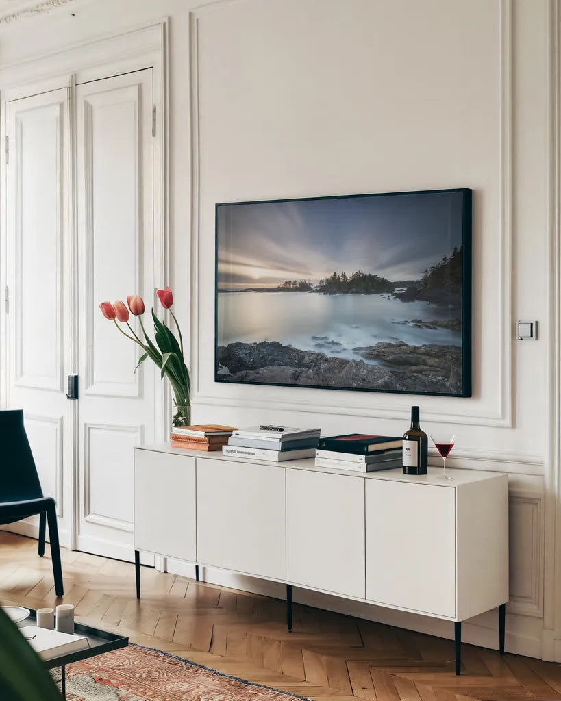 Sunset on Vancouver Island by Alan Majchrowicz. shown as a framed stretched canvas in a living room above a console. Available as a archival giclee rolled canvas, fine art paper, or poster print. SKU 86353i.