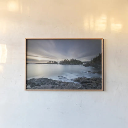 Sunset on Vancouver Island by Alan Majchrowicz. shown as a paper print in a natural frame. Available as a archival giclee rolled canvas, fine art paper, or poster print. SKU 86353i.