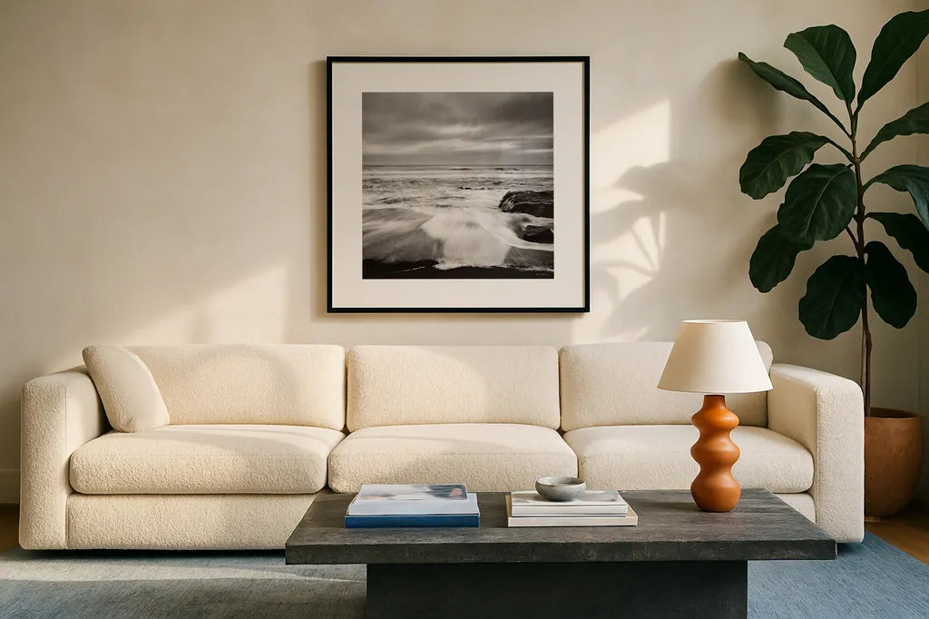 Sunset on the Coast II by Alan Majchrowicz. Displayed in a glass frame with matte in a clean modern living room. Available as an archival giclee rolled canvas, fine art paper, or poster print. SKU 2481a.