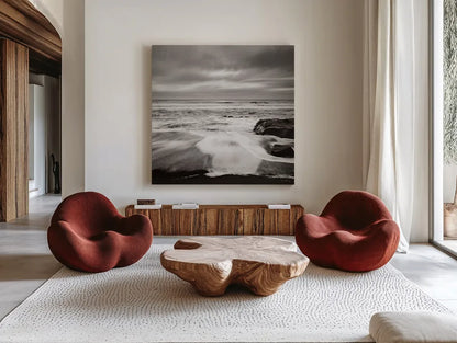 Sunset on the Coast II by Alan Majchrowicz. Shown as extra-large giant wall art in a modern living room. Available as an archival giclee rolled canvas, fine art paper, or poster print. SKU 2481a.