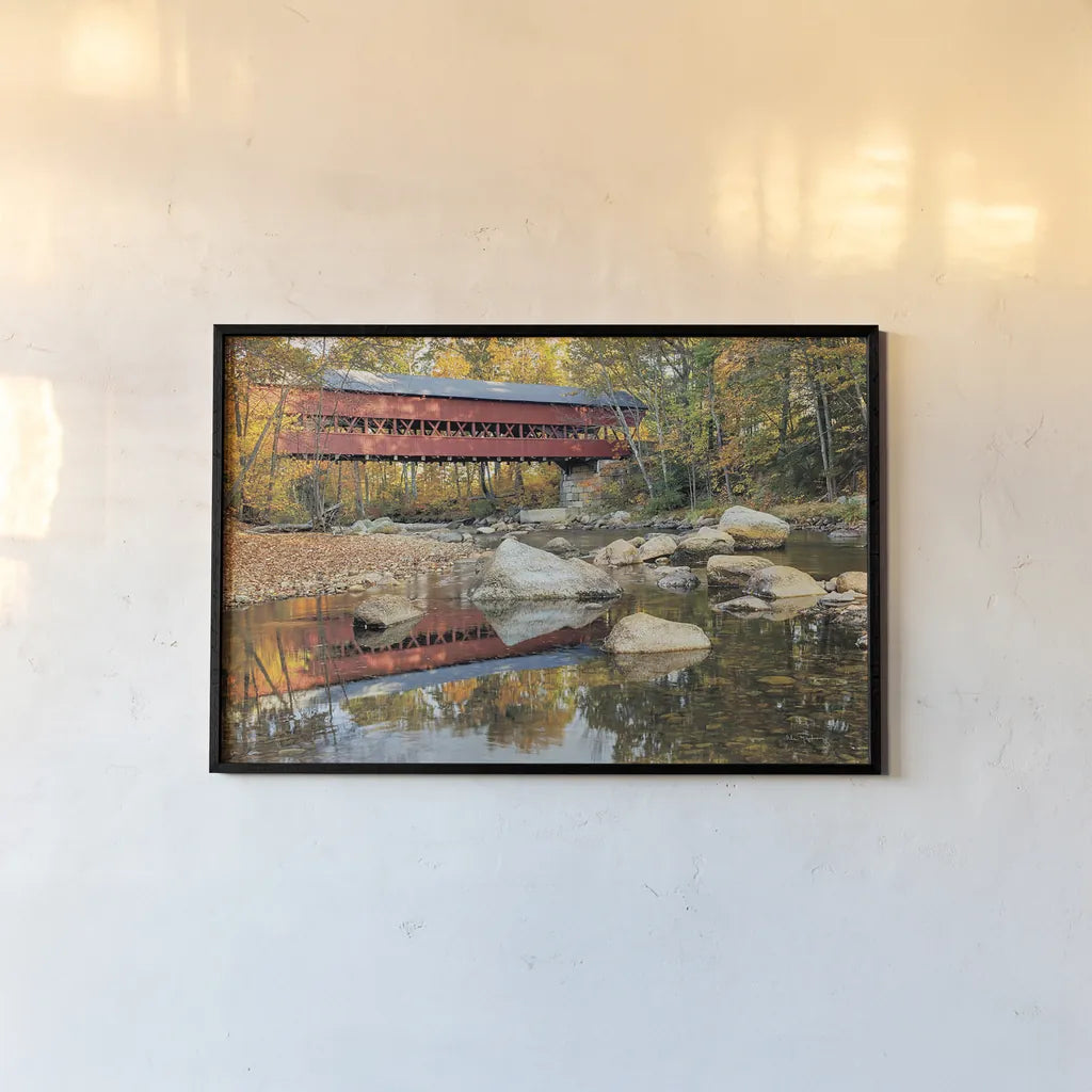 Swift River Covered Bridge by Alan Majchrowicz. shown as a paper print in a black flame. Available as a archival giclee rolled canvas, fine art paper, or poster print. SKU 17974i.