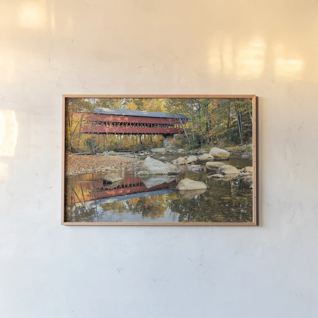 Swift River Covered Bridge by Alan Majchrowicz. shown as a paper print in a natural frame. Available as a archival giclee rolled canvas, fine art paper, or poster print. SKU 17974i.